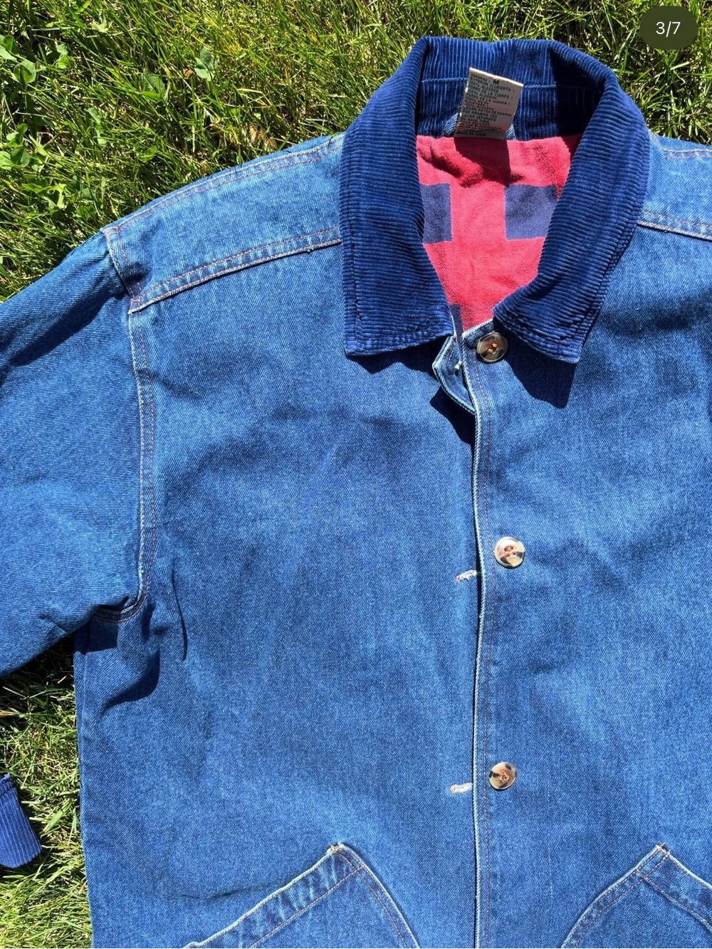 Vintage Men's Blue Denim Jacket with Corduroy Collar Barn Coat